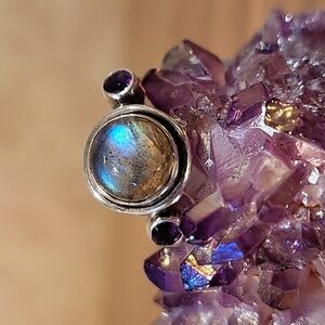 Vibrant Blue Flash Labradorite and Amethyst Ring